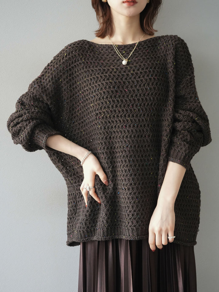 [予約]ネップ透かし編みオーバーニット/brown