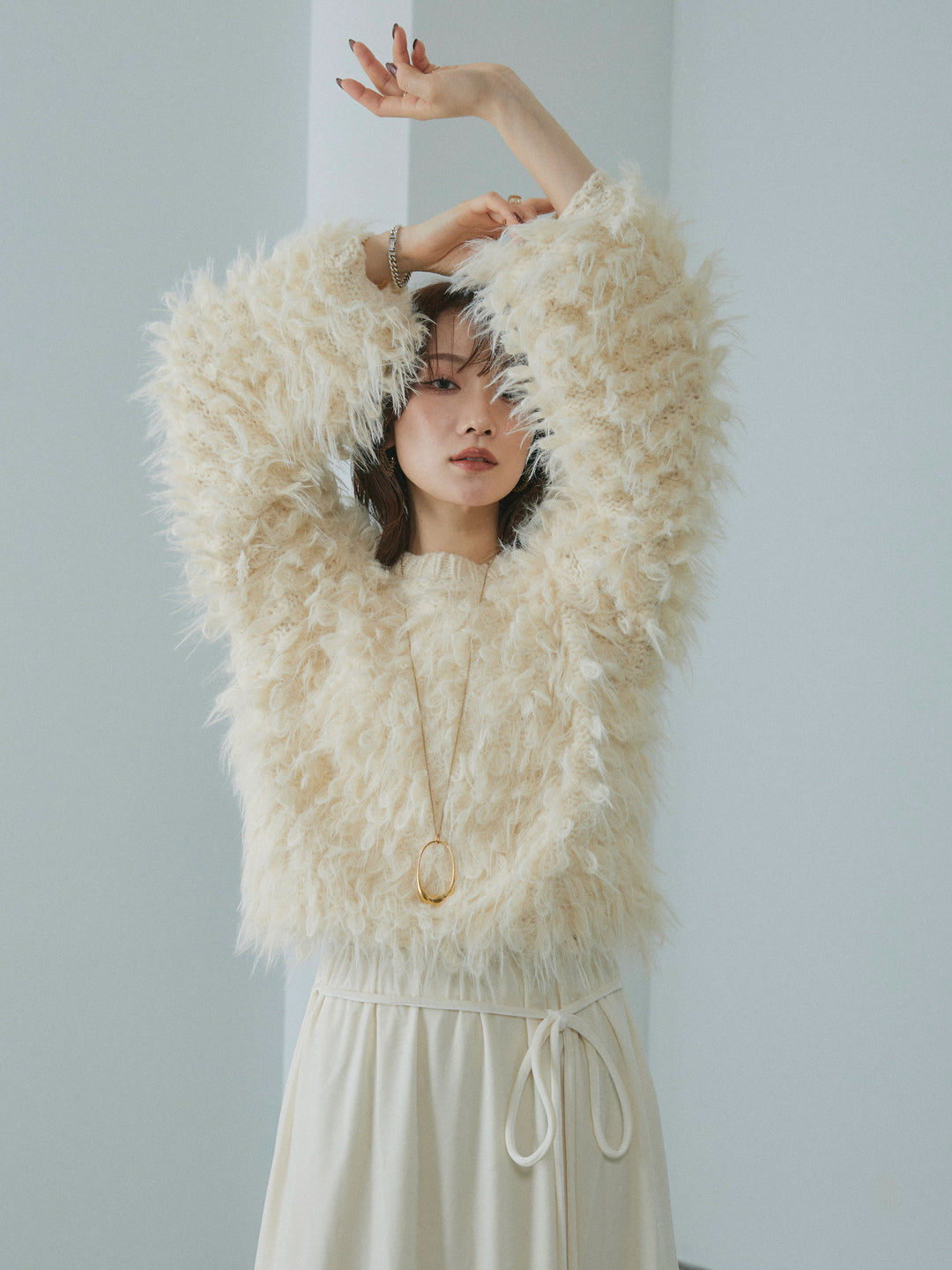 【Allure】[SET]ミックスシャギーループニットプルオーバー+ベロアナロースカート(2set)