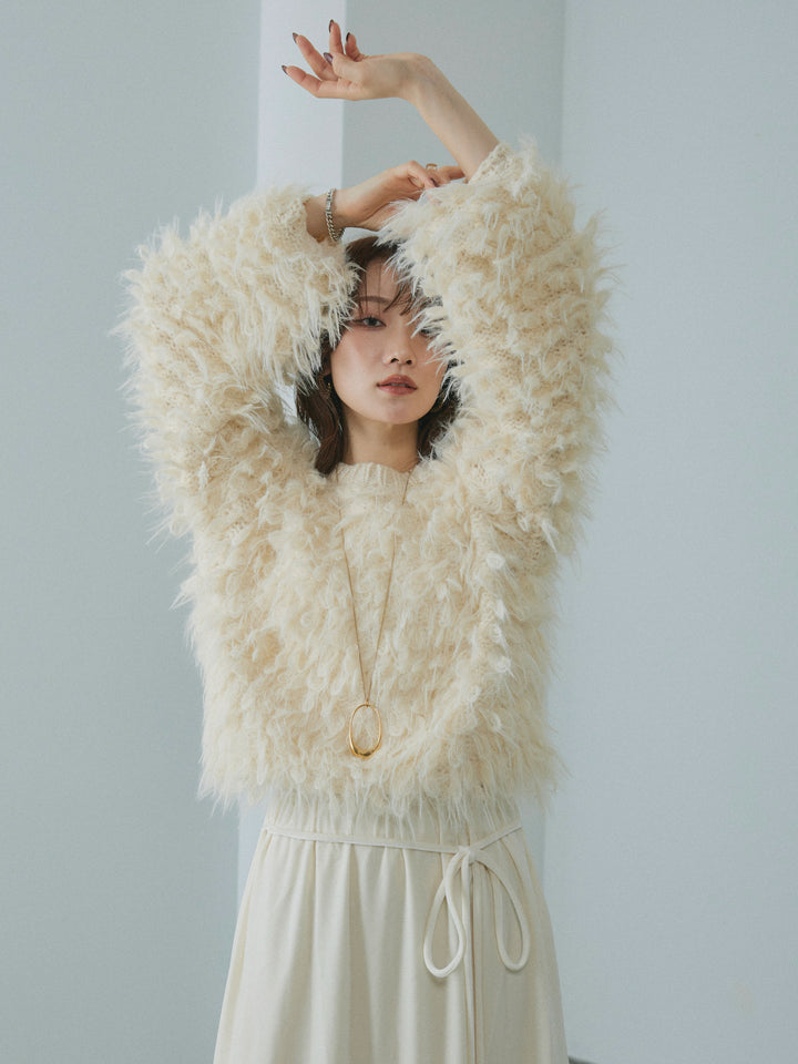 【Allure】[SET]ミックスシャギーループニットプルオーバー+ベロアナロースカート(2set)