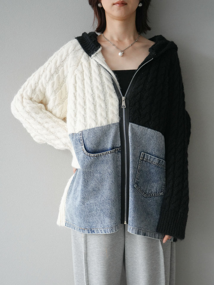 [予約]デニム×バイカラーニットZIPフーディ/black