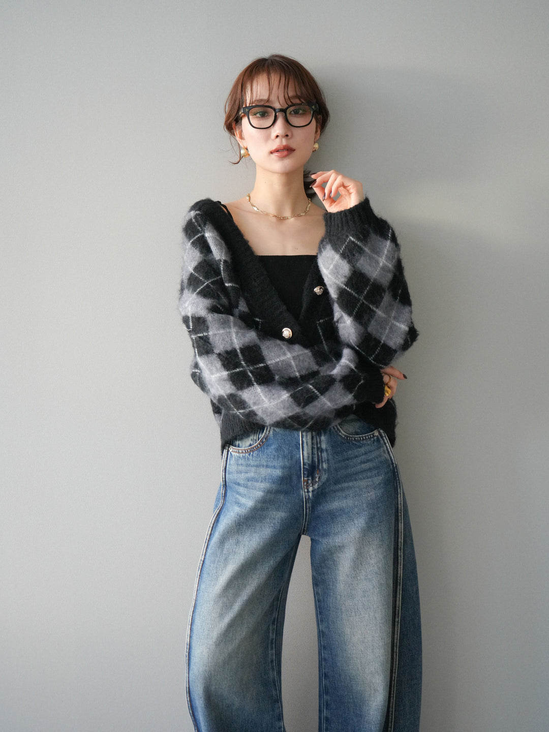 [予約]アーガイルシャギーニットカーディガン/gray