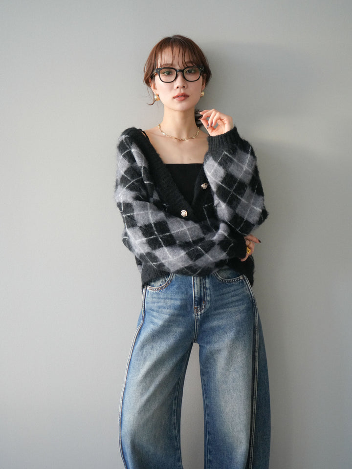 [予約]アーガイルシャギーニットカーディガン/gray