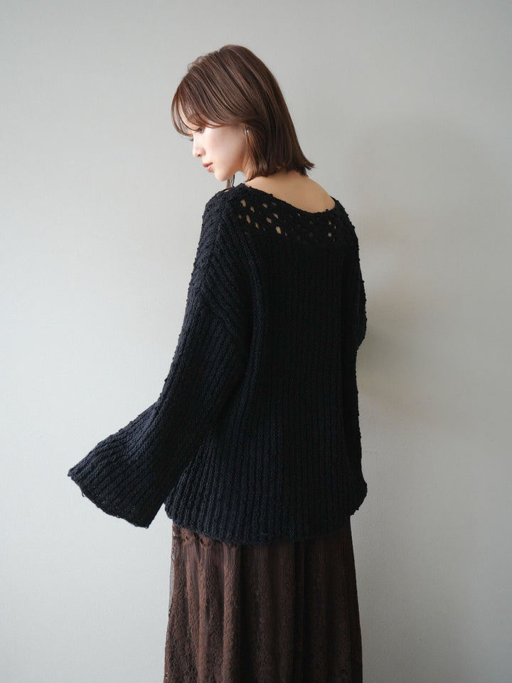 [予約]ボートネック透かし編みニットプルオーバー/navy