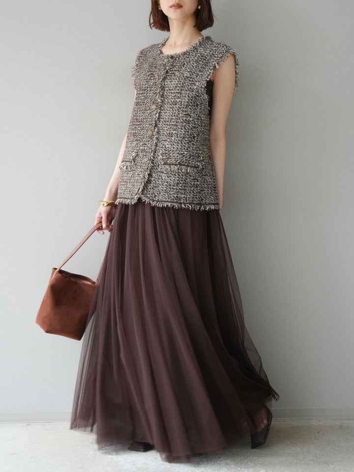[予約]ミックスツイードフリンジニットベスト/ブラウン