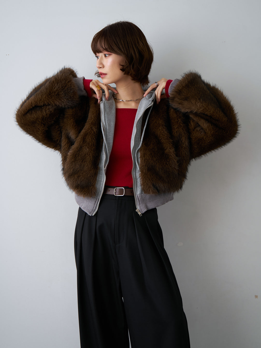 [予約]スウェットファードッキングフードブルゾン/brown