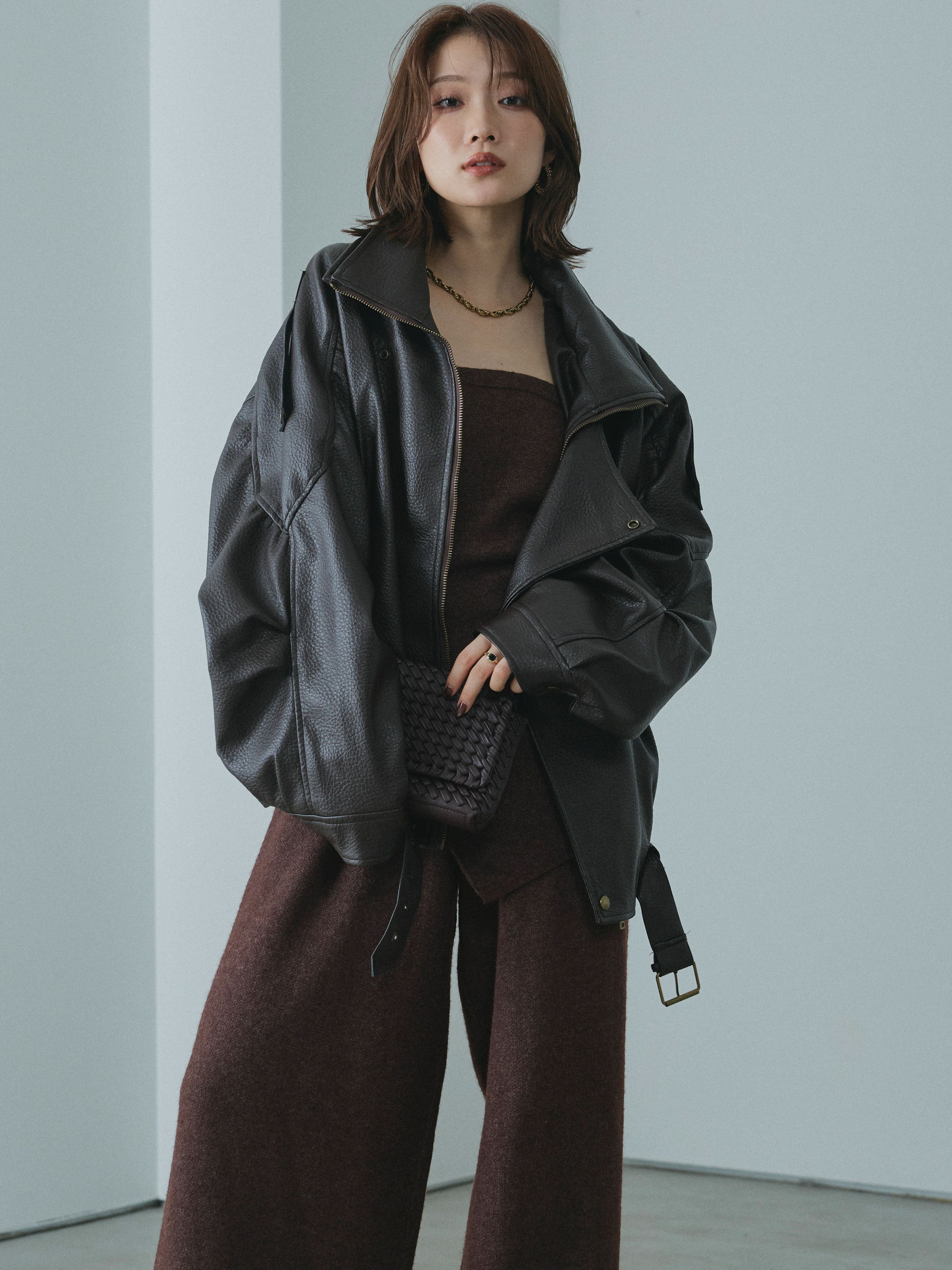 Allure】[SET]ニットベアトップ＆ワイドパンツSET UP+スタンドカラー