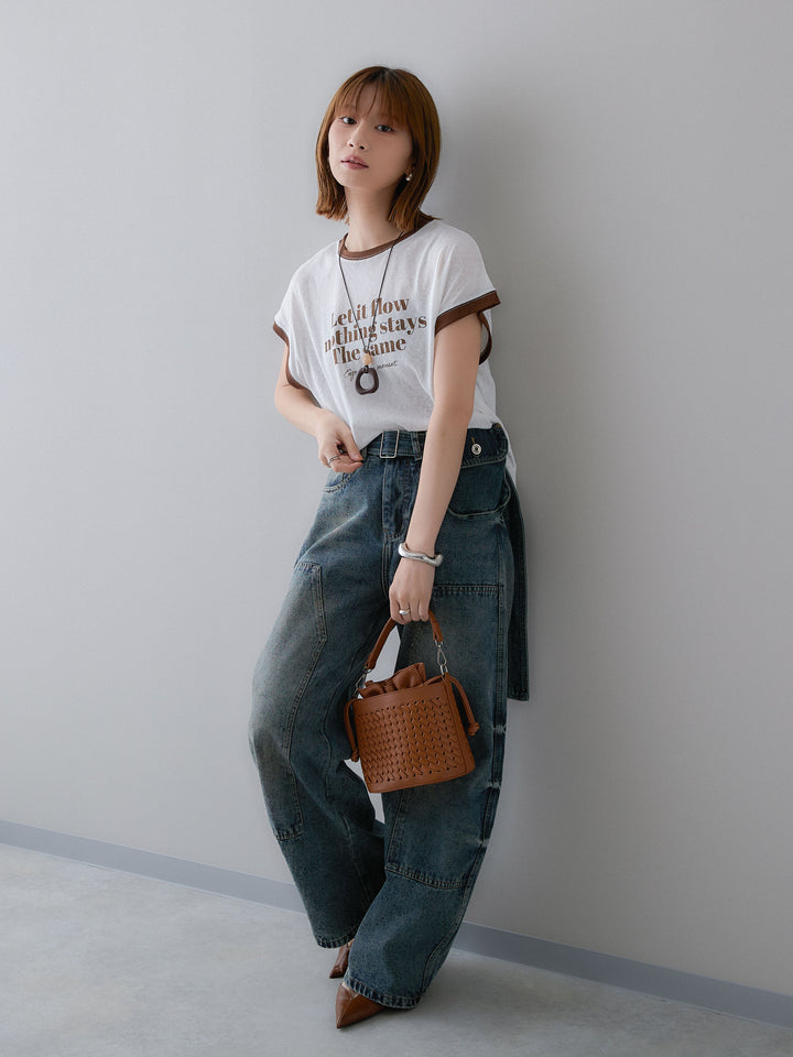 [SET]シアースラブバイカラーフレンチTEE+マルチポーチ付立体カーブデニム(2set)