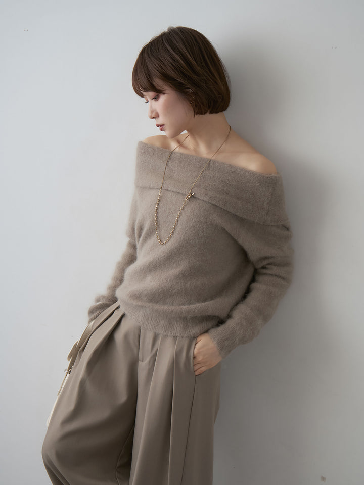 [SET]オフショルソフトシャギーニットトップス+ツイルタックワイドパンツ(2set)