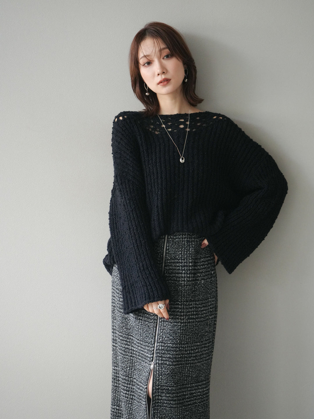 [予約]ボートネック透かし編みニットプルオーバー/navy