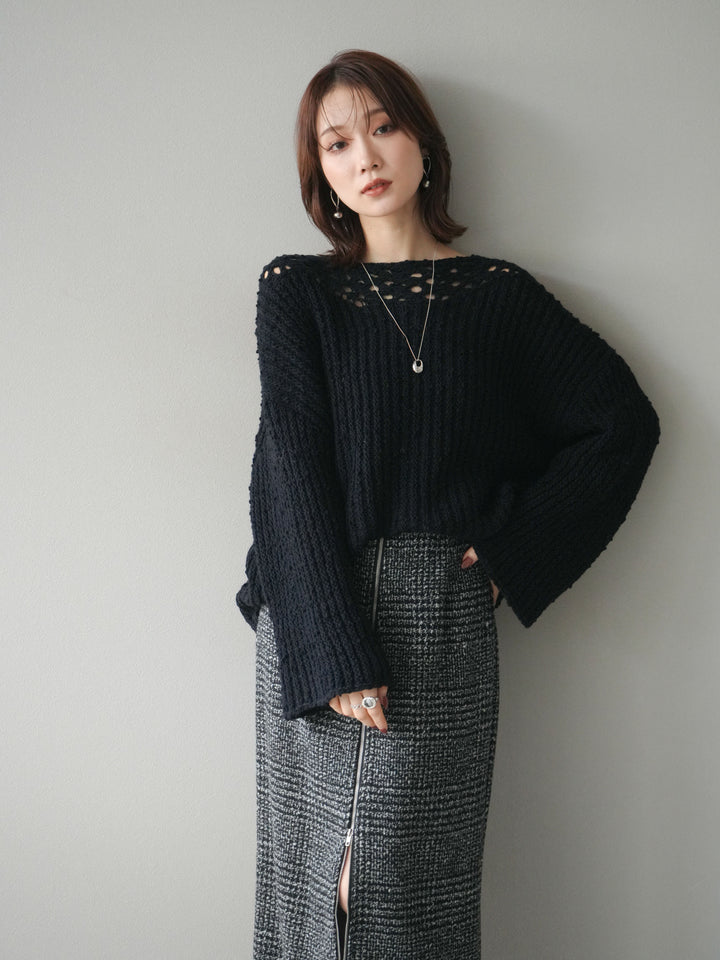 [予約]ボートネック透かし編みニットプルオーバー/navy