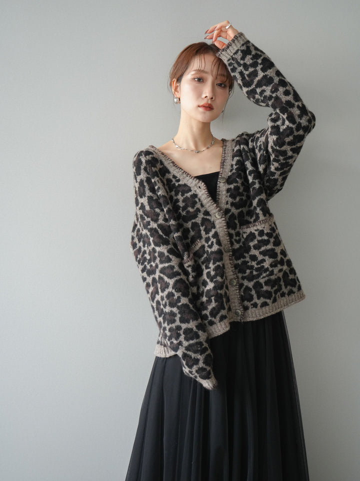 [予約]アニマル柄ステッチニットカーディガン/brown