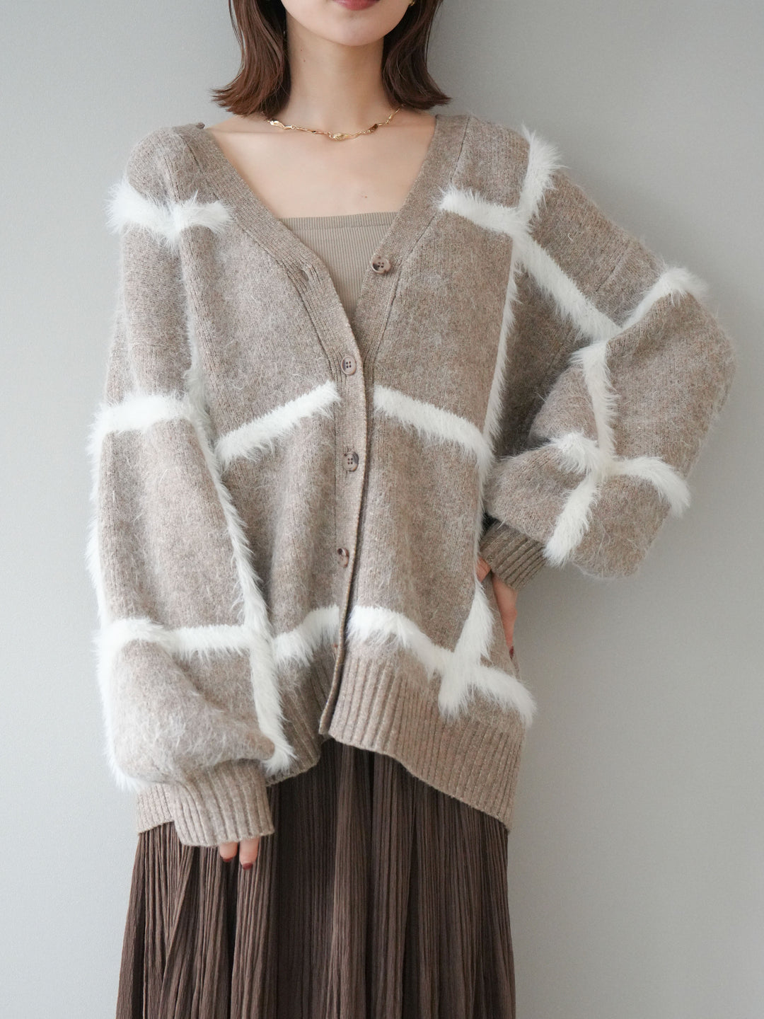 [予約]ミックスシャギーチェックカーディガン/beige