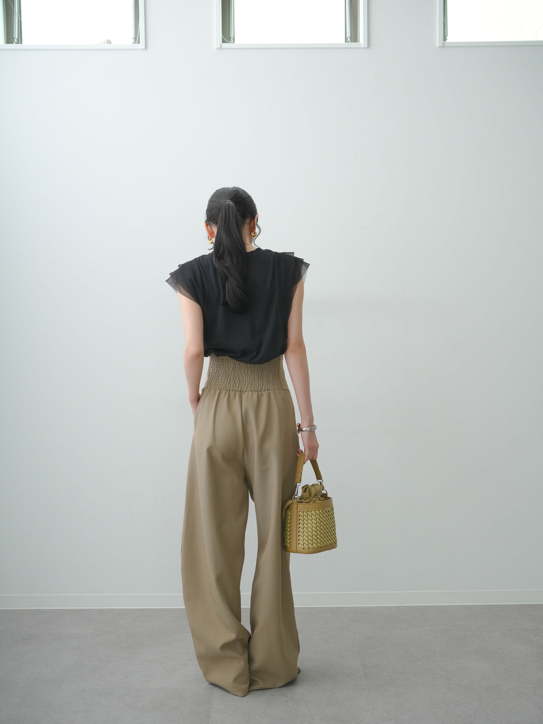 [SET]ショルダーチュールノースリTEE+ハイウエストカーブレッグパンツ(2set)
