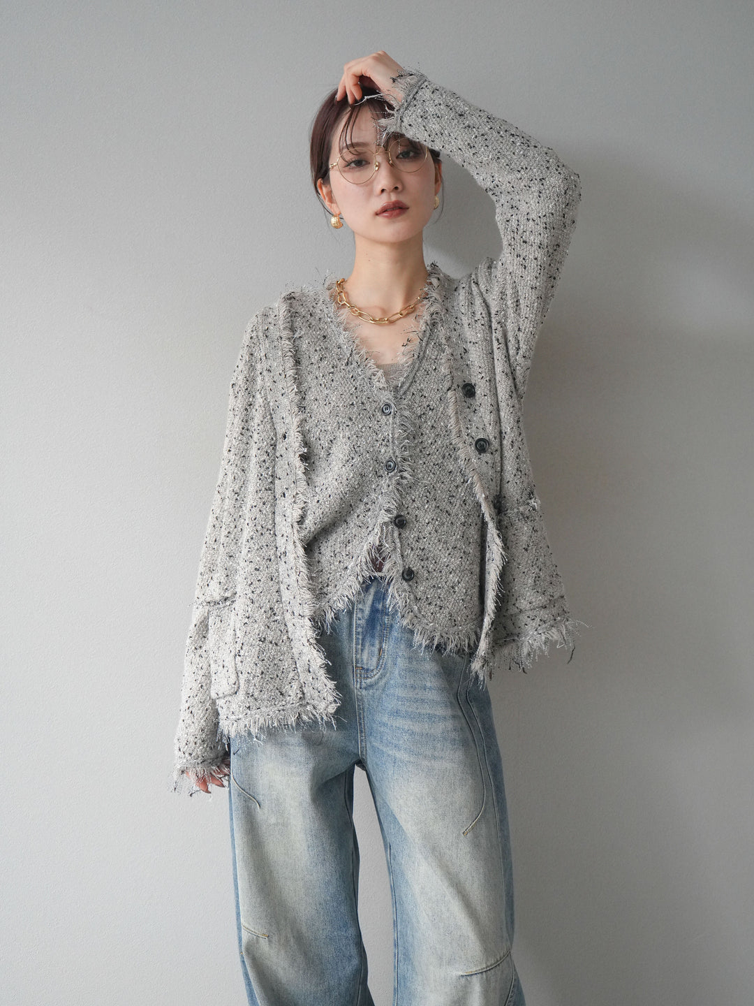 [予約]ネップフリンジニットカーディガン/khaki