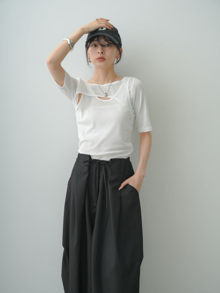 [SET]前後2wayシアーアシメレイヤード風TEE+ベルトループカーブタックワイドパンツ(2set)