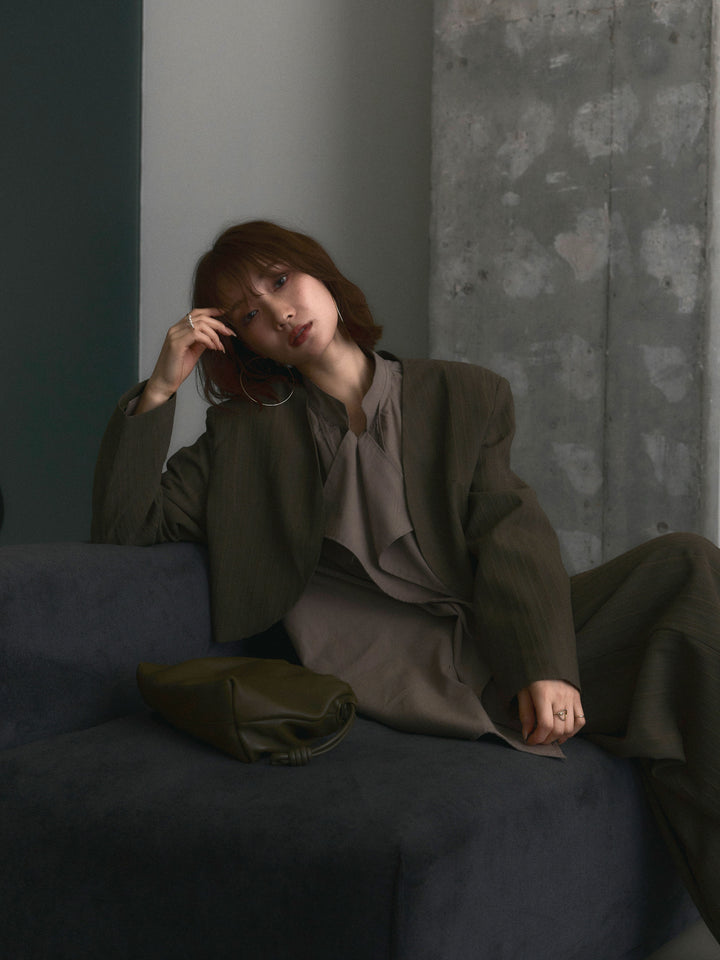 【Allure】[SET]ヘリンボーンショートジャケット＆ワイドパンツSET UP+ピーチスキンデザインネックオーバーシャツ(2set)