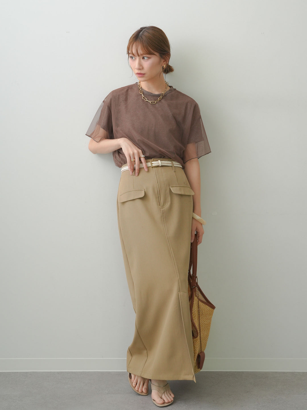 [SET]シアーチュールレイヤードTEE+クレープデシンフラップ付きストレートスカート(2set)
