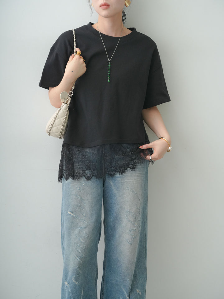 [SET]アシメレースヘムワイドTEE+グラフィックスクラッチワイドデニム(2set)