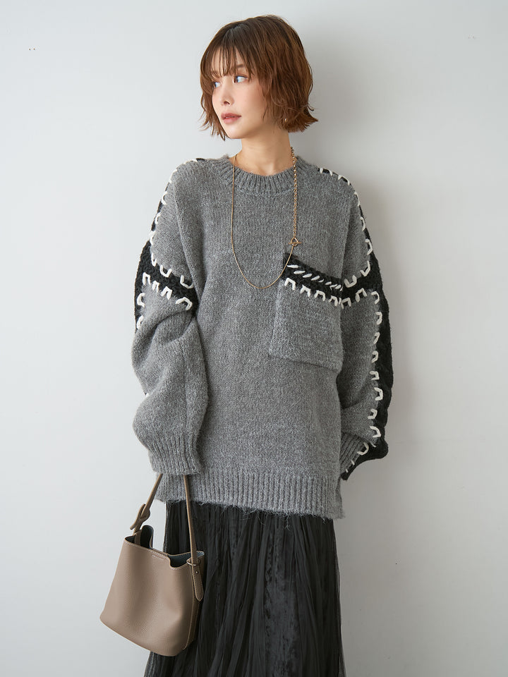 [SET]ハンドステッチデザインニットトップス+ベロアレイヤードチュールフレアスカート(2set)