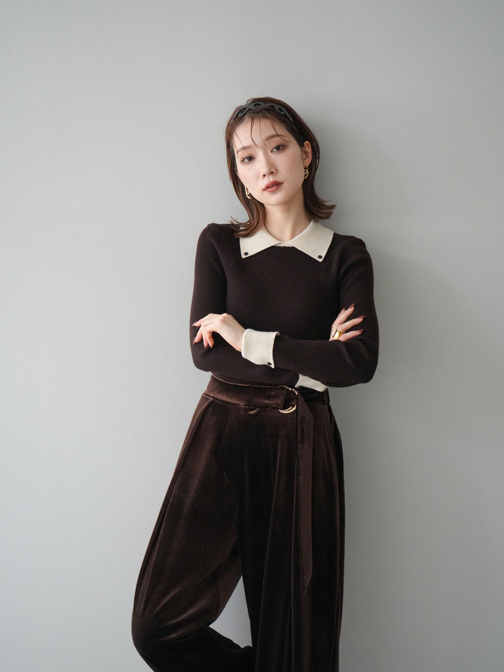 [予約]ニットカフス襟付き配色リブニットトップス/brown
