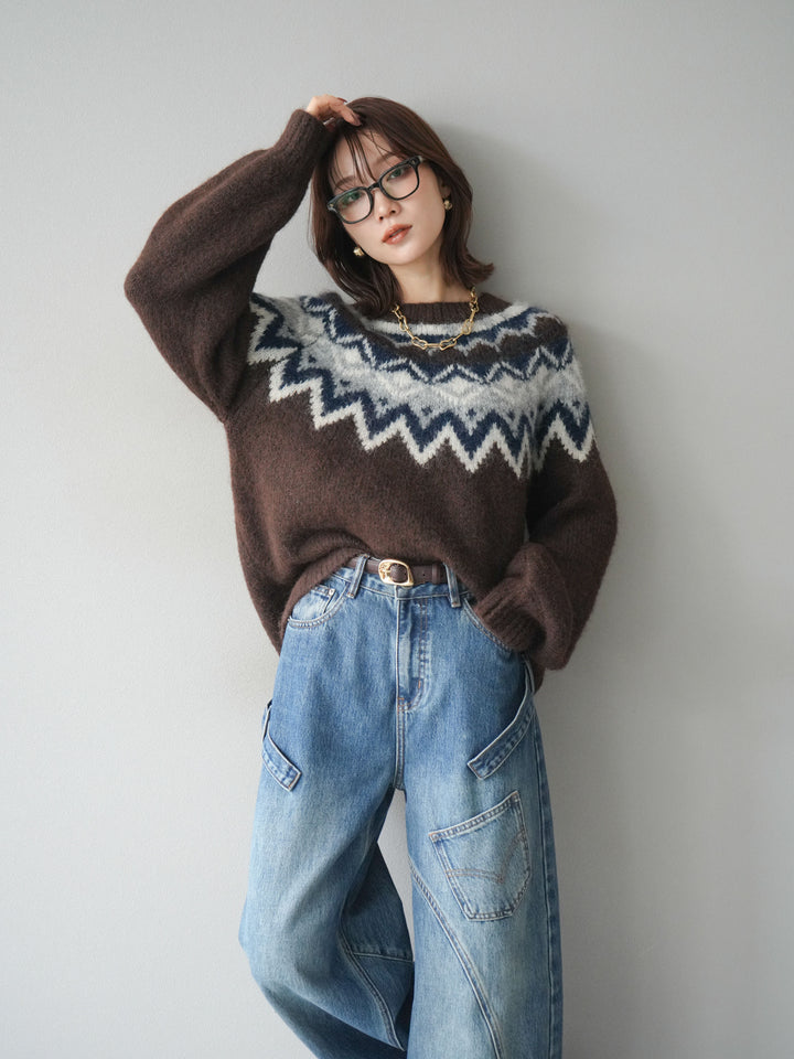 [SET]求心柄オーバーニットプルオーバー+ペインターカーブデニムパンツ(2set)