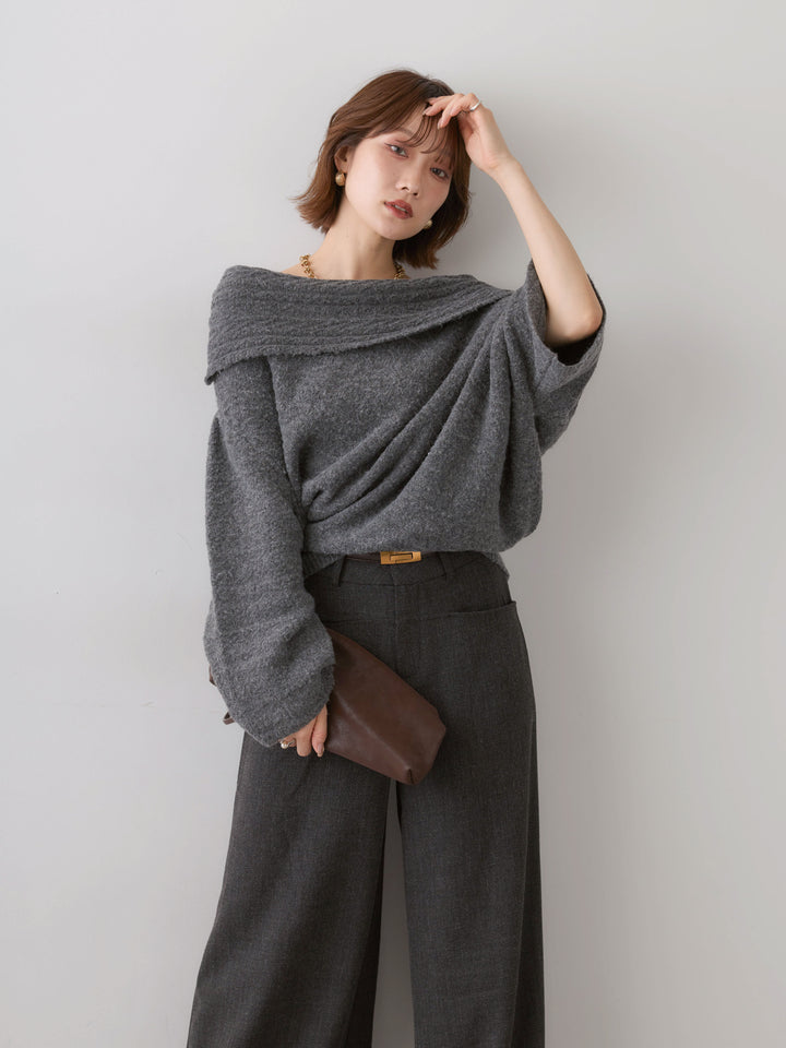 [予約]アシメデザインオフショルニットトップス/gray