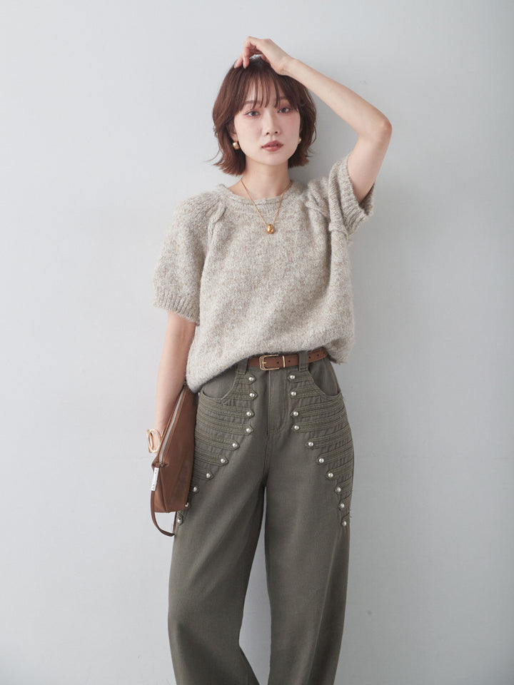 [SET]メランジショートニットトップス+ナポレオンワイドストレートパンツ(2set)