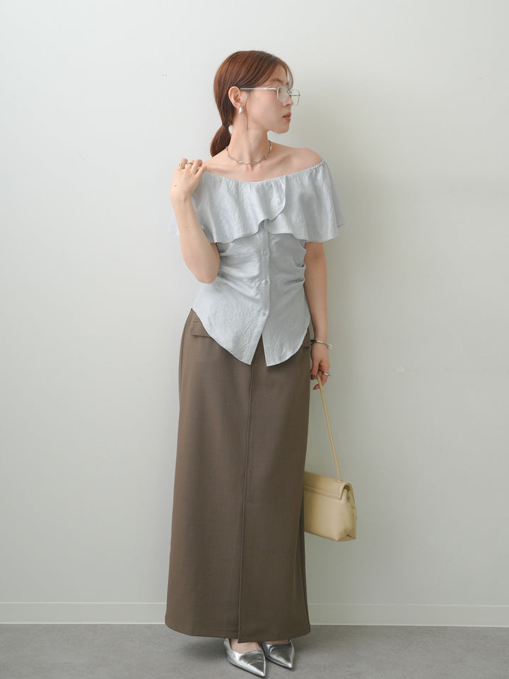 [SET]ラッフルオフショルブラウス+クレープデシンフラップ付きストレートスカート(2set)