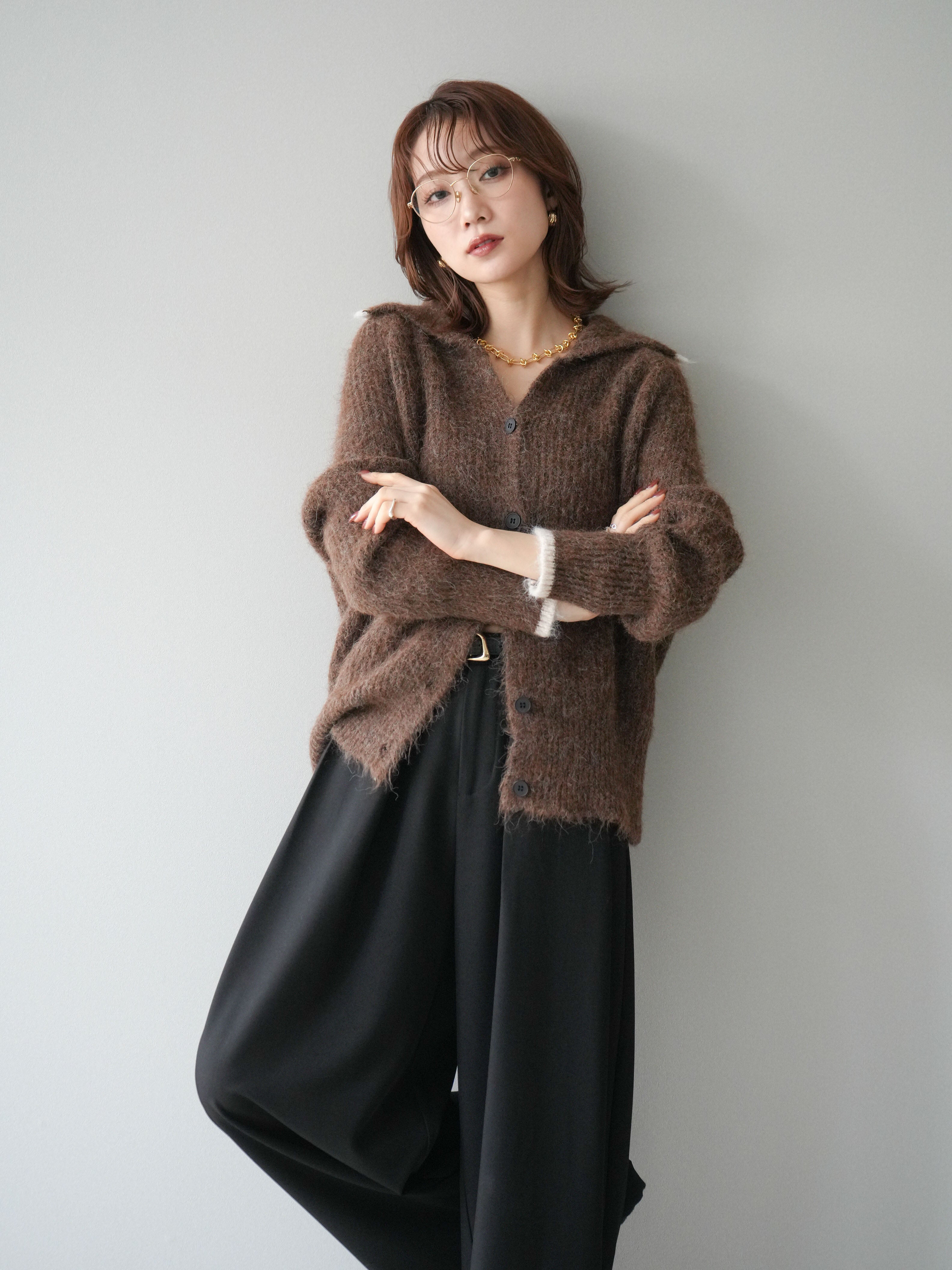 予約]襟付きバイカラーミックスニットカーディガン/brown – Lumier