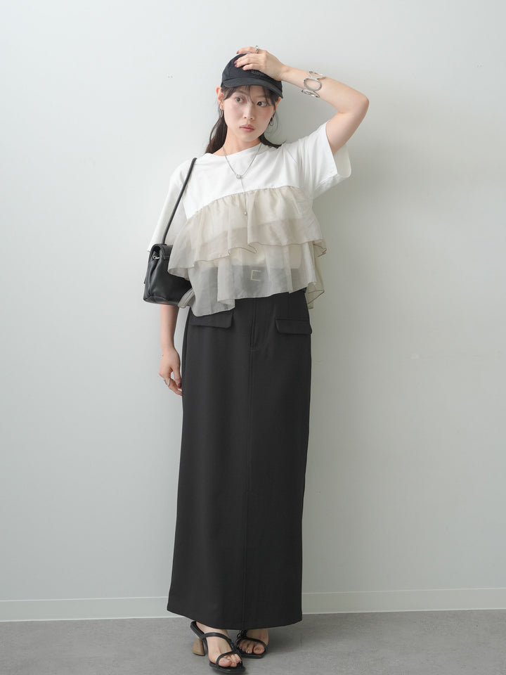 [SET]オーガンジーフリルドッキングTEE+クレープデシンフラップ付きストレートスカート(2set)