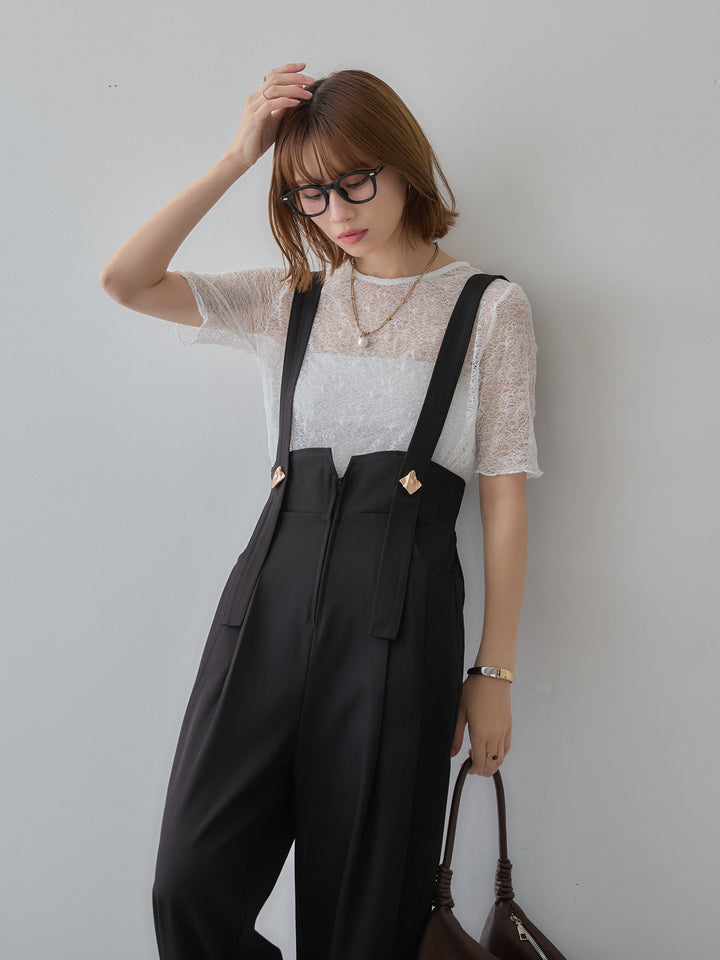 [SET]フラワーモチーフレーストップス+ゴールドボタンサスペンダーワイドパンツ(2set)