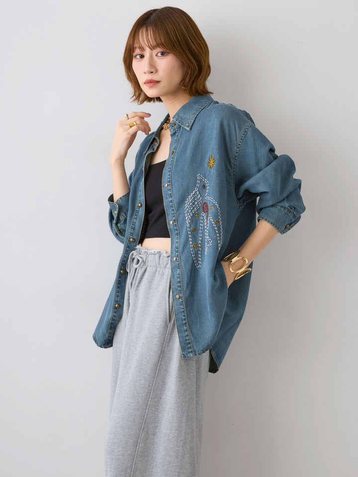 [SET]モチーフ刺繍デニムシャツ+選べるアクセセット(2set)