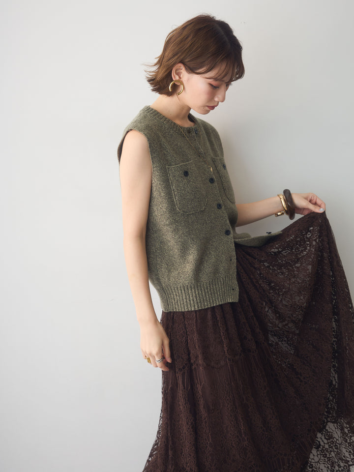 【套裝】混色前扣針織背心+絲絨蕾絲垂褶喇叭裙（兩件組）
