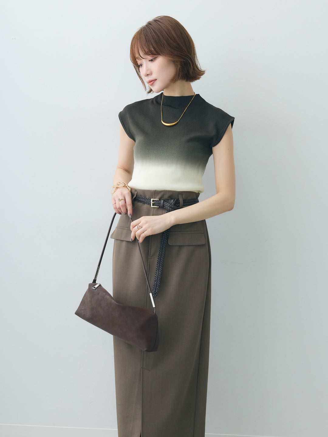 [SET]グラデーションフレンチリブニットトップス+クレープデシンフラップ付きストレートスカート(2set)