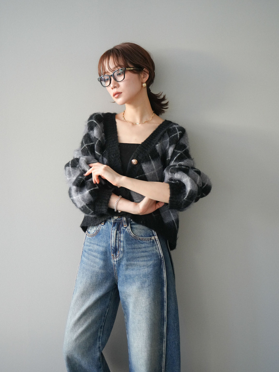 [予約]アーガイルシャギーニットカーディガン/gray