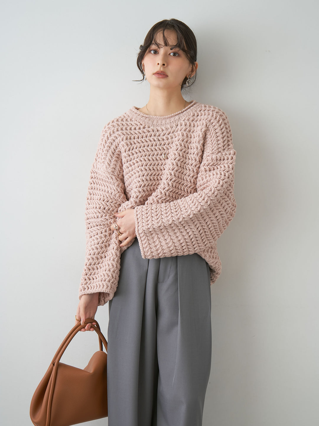 [SET]立体ヘリンボーン編みニットプルオーバー+立体ヘリンボーン編みニットプルオーバー(2set)