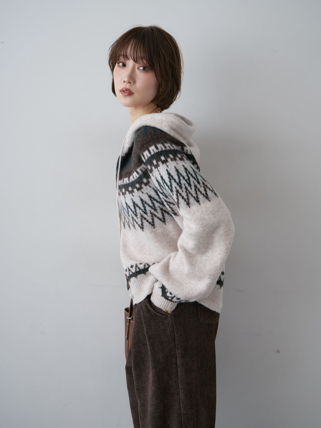[SET]ノルディックフードカーディガン+ベロアデニムタックワイドパンツ(2set)