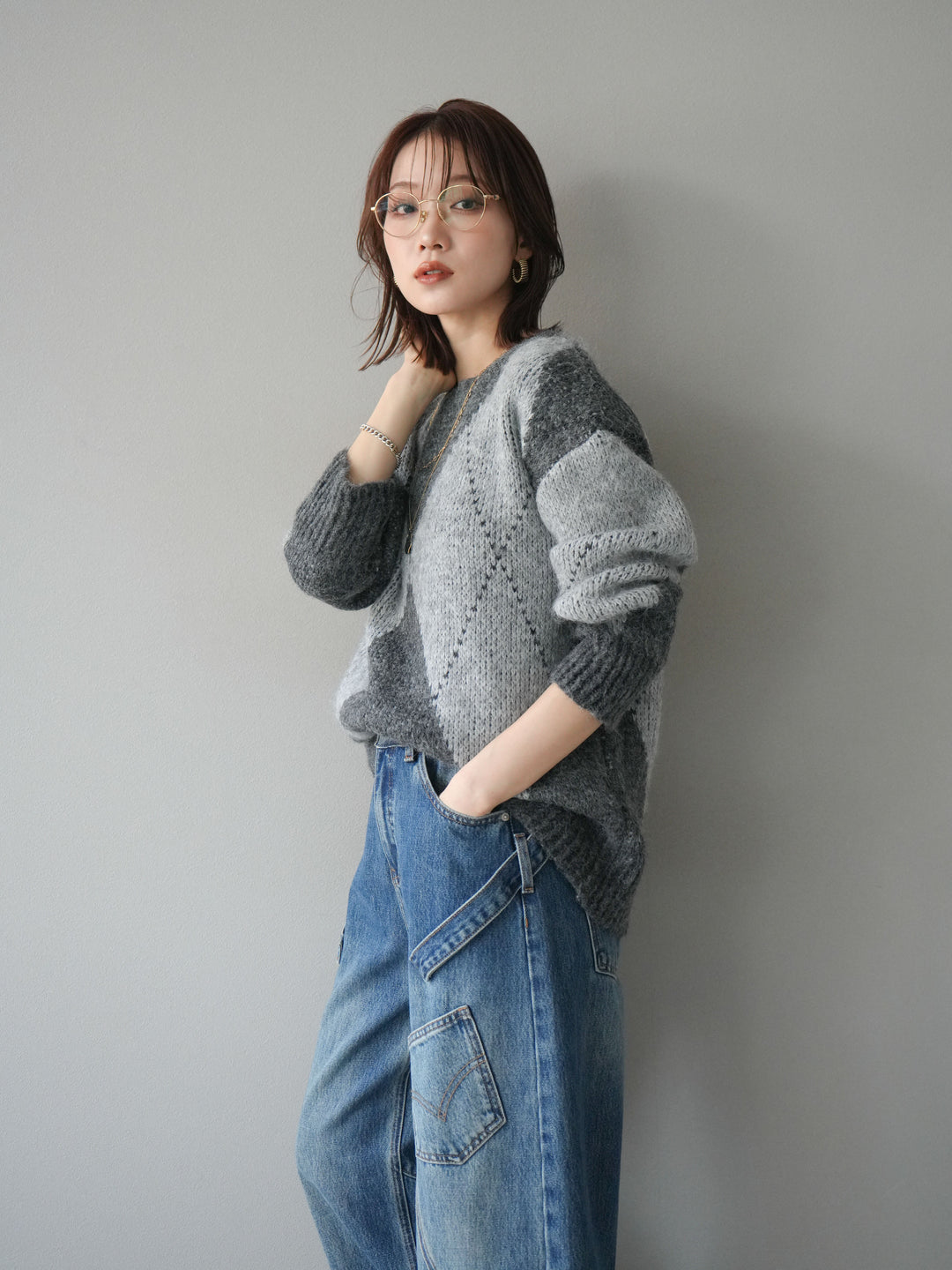 [予約]アーガイルオーバーニットプルオーバー/gray