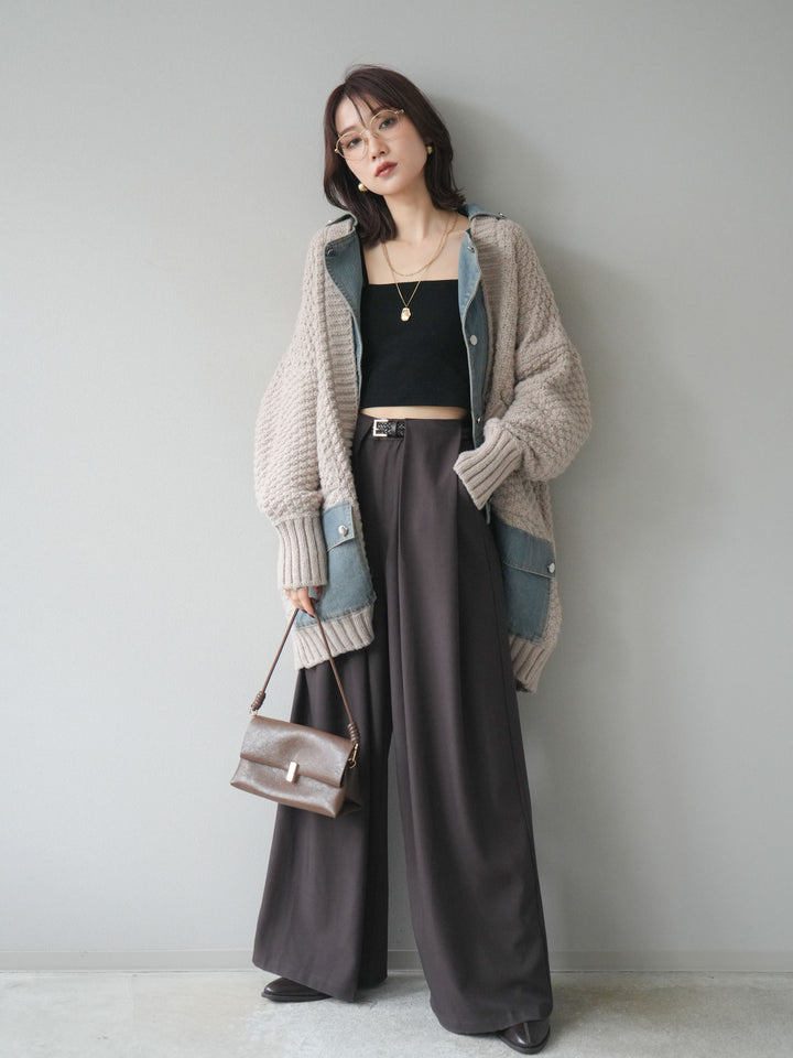 [SET]デニム襟レイヤードニットジャケット+ベルトループデザインワイドパンツ(2set)