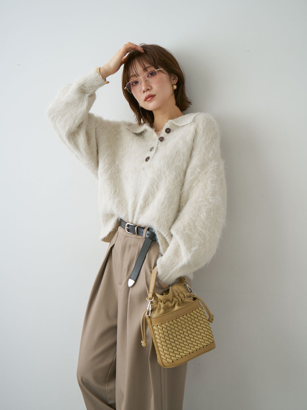 [SET]ヘンリーシャギーニットトップス+ツイルタックワイドパンツ(2set)