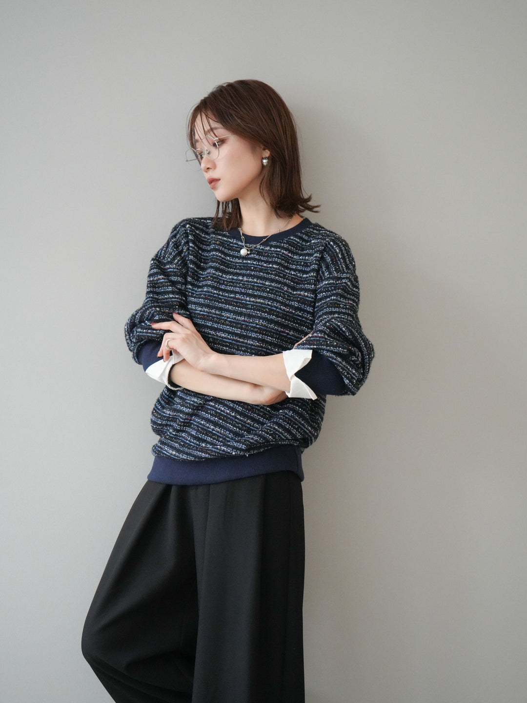 [予約]MIXツイードライクカフスドッキングプルオーバー/blue