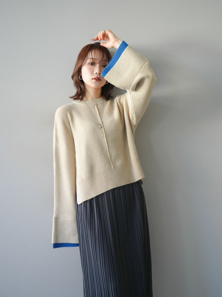 [SET]袖レイヤード配色ニットプルオーバー+プリーツIラインスカート(2set)