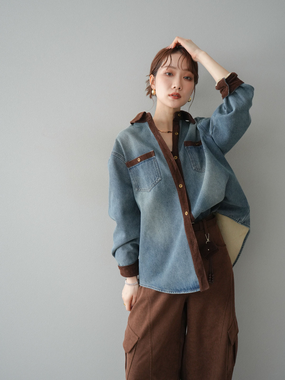 [予約]裏起毛コーデュロイ襟デニムシャツジャケット/ blue