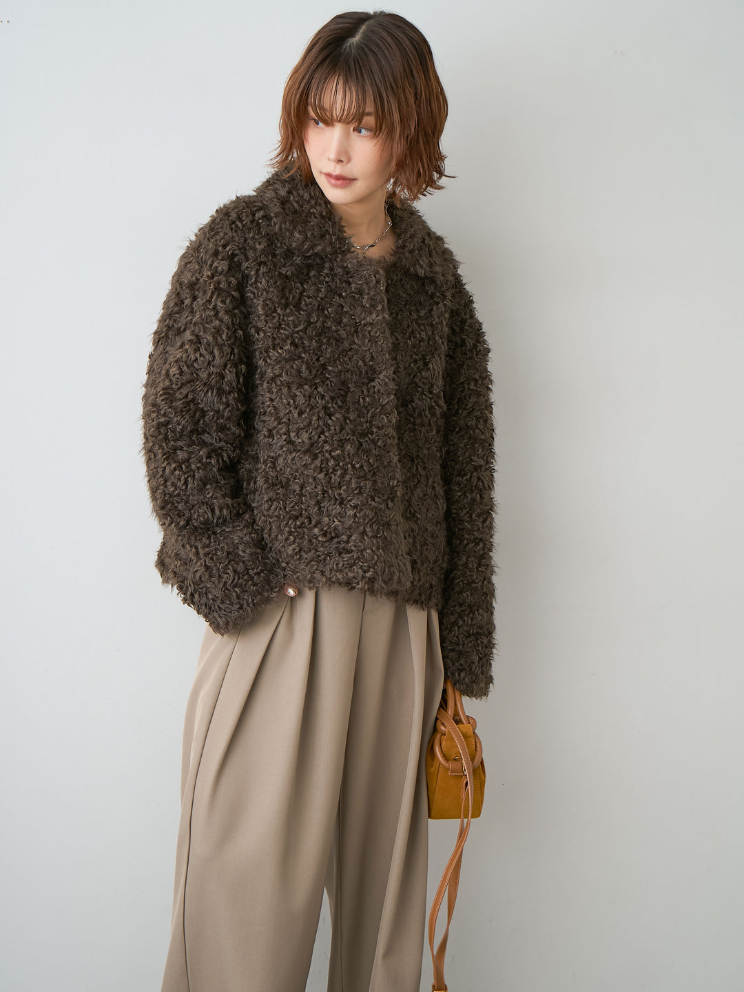 [SET]プードルファーショートジャケット+ツイルタックワイドパンツ(2set)