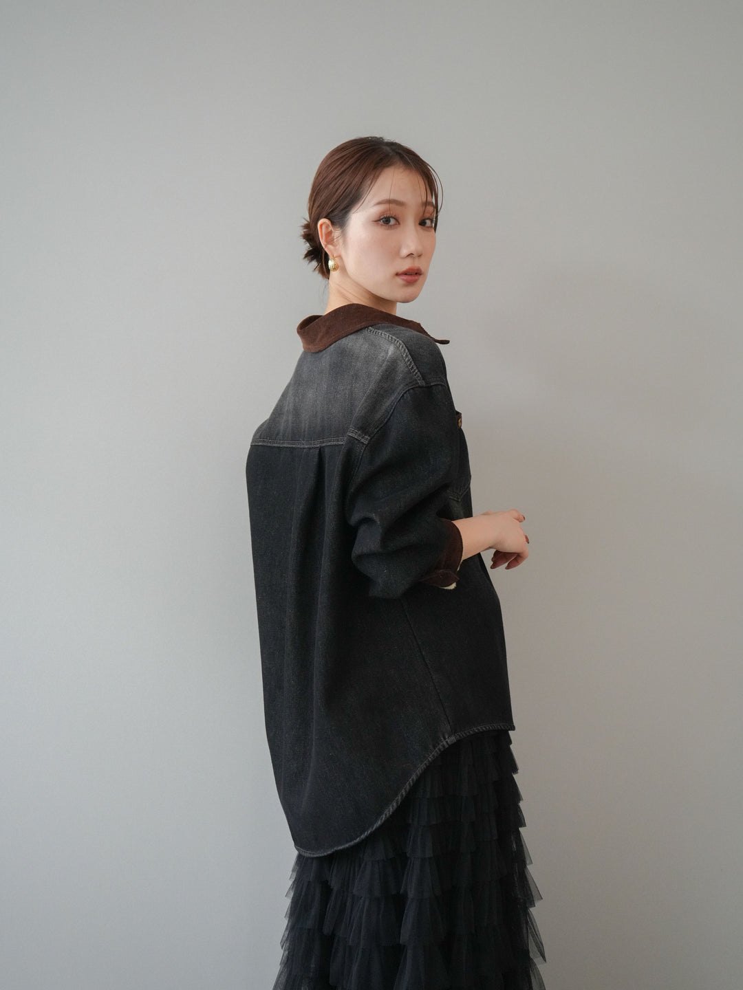 [予約]裏起毛コーデュロイ襟デニムシャツジャケット/black