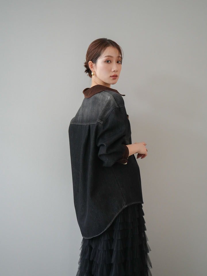 [予約]裏起毛コーデュロイ襟デニムシャツジャケット/black