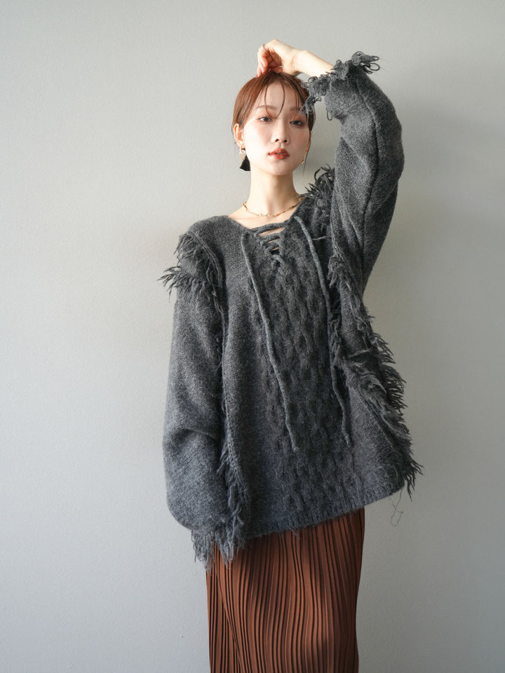 [予約]レースアップフリンジニットプルオーバー/gray