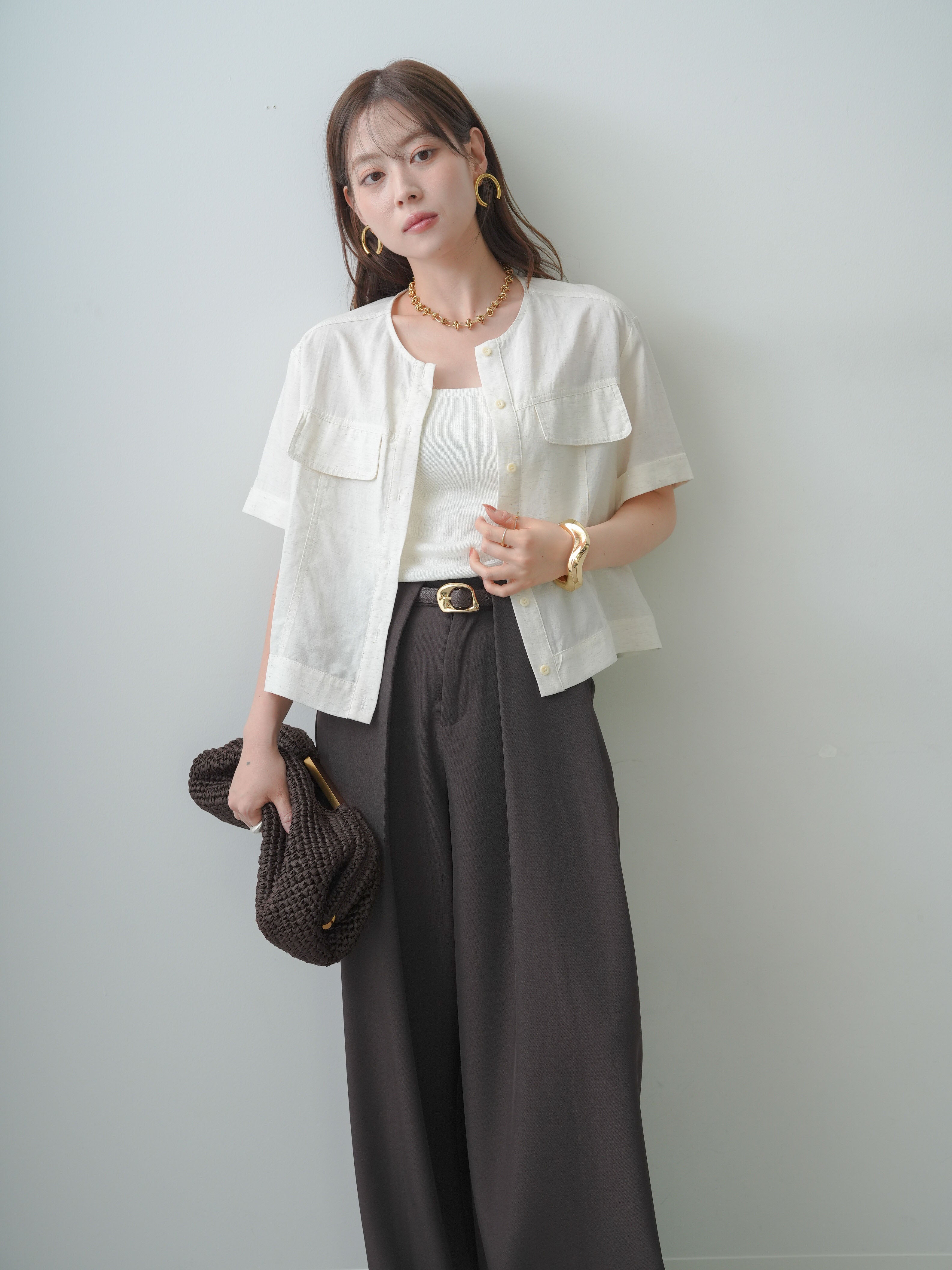予約]シアーノーカラーシャツ＆ニットキャミソールSET(2SET)/beige