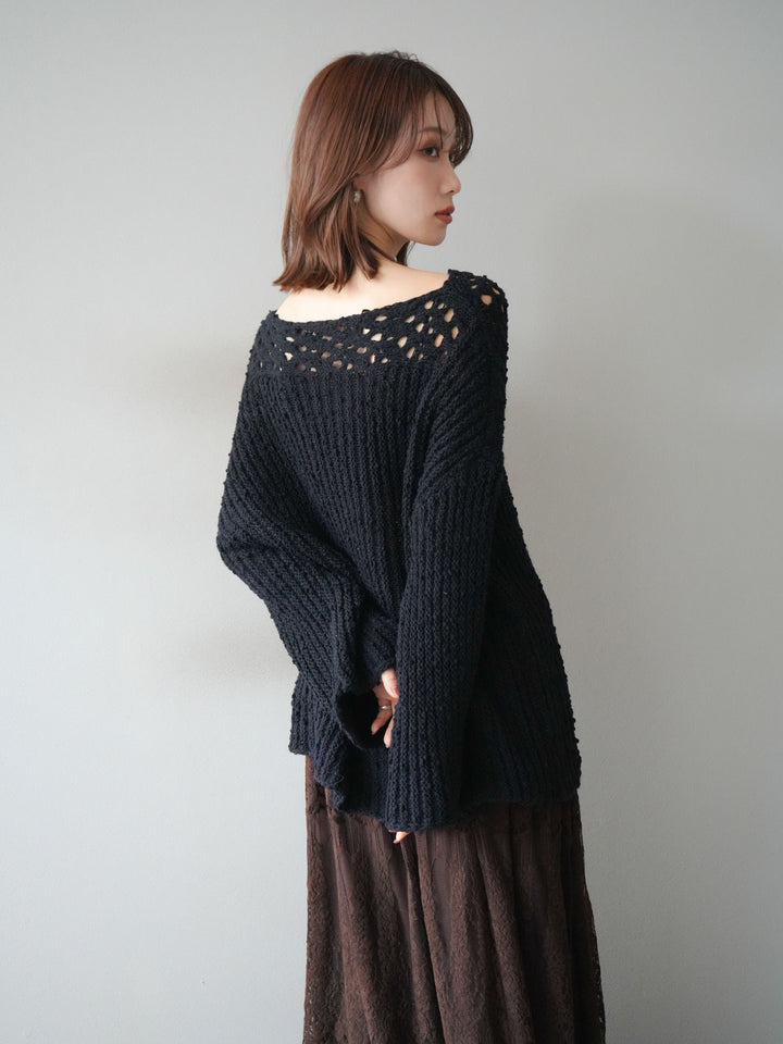 [予約]ボートネック透かし編みニットプルオーバー/navy