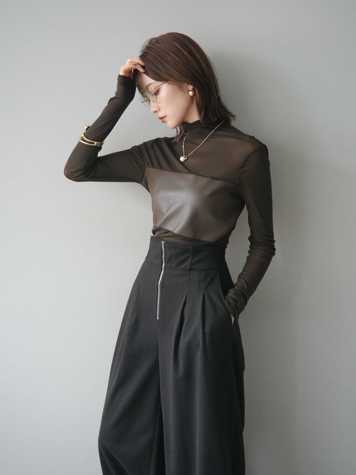 [予約]レザー切替プチネックシアートップス/khaki